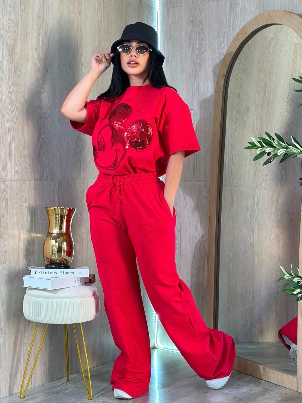 Red Two piece Matching Set with Sequin Mickey with Wide Leg Pants size S